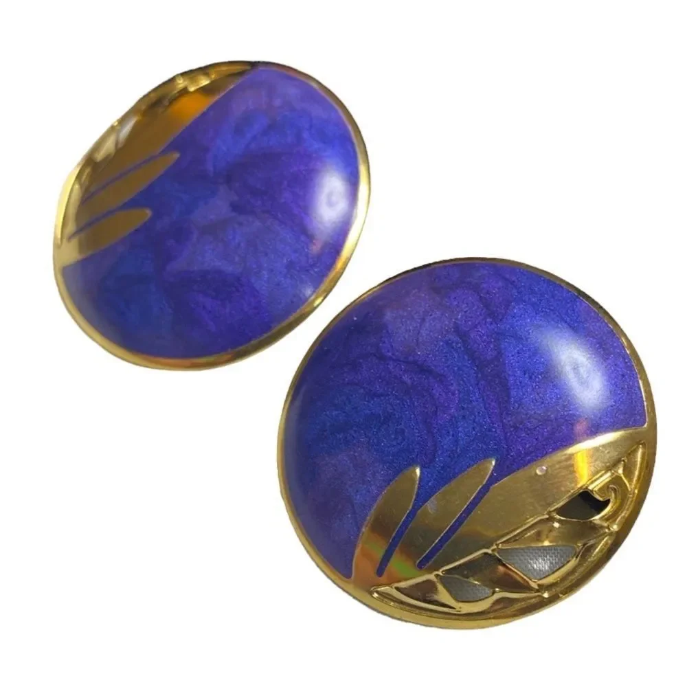 Vintage 80’s Berébi Gold And Purple Enamel Earrings - Picture 3 of 10